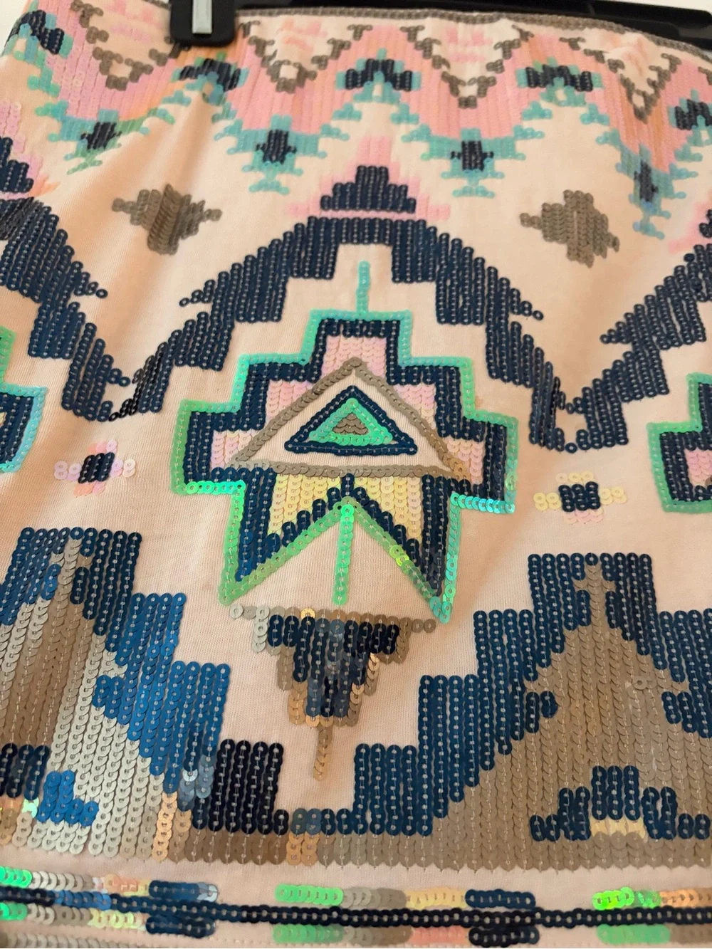 Express Beige Mini Skirt with Navy, Teal & Green Sequin Geometric Pattern
